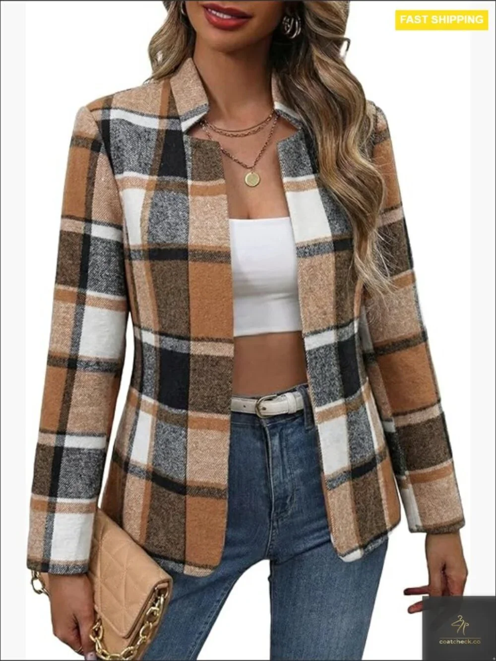 Open Front Tweed Blazer – Lightweight Plaid Stand Collar Casual Trendy Work